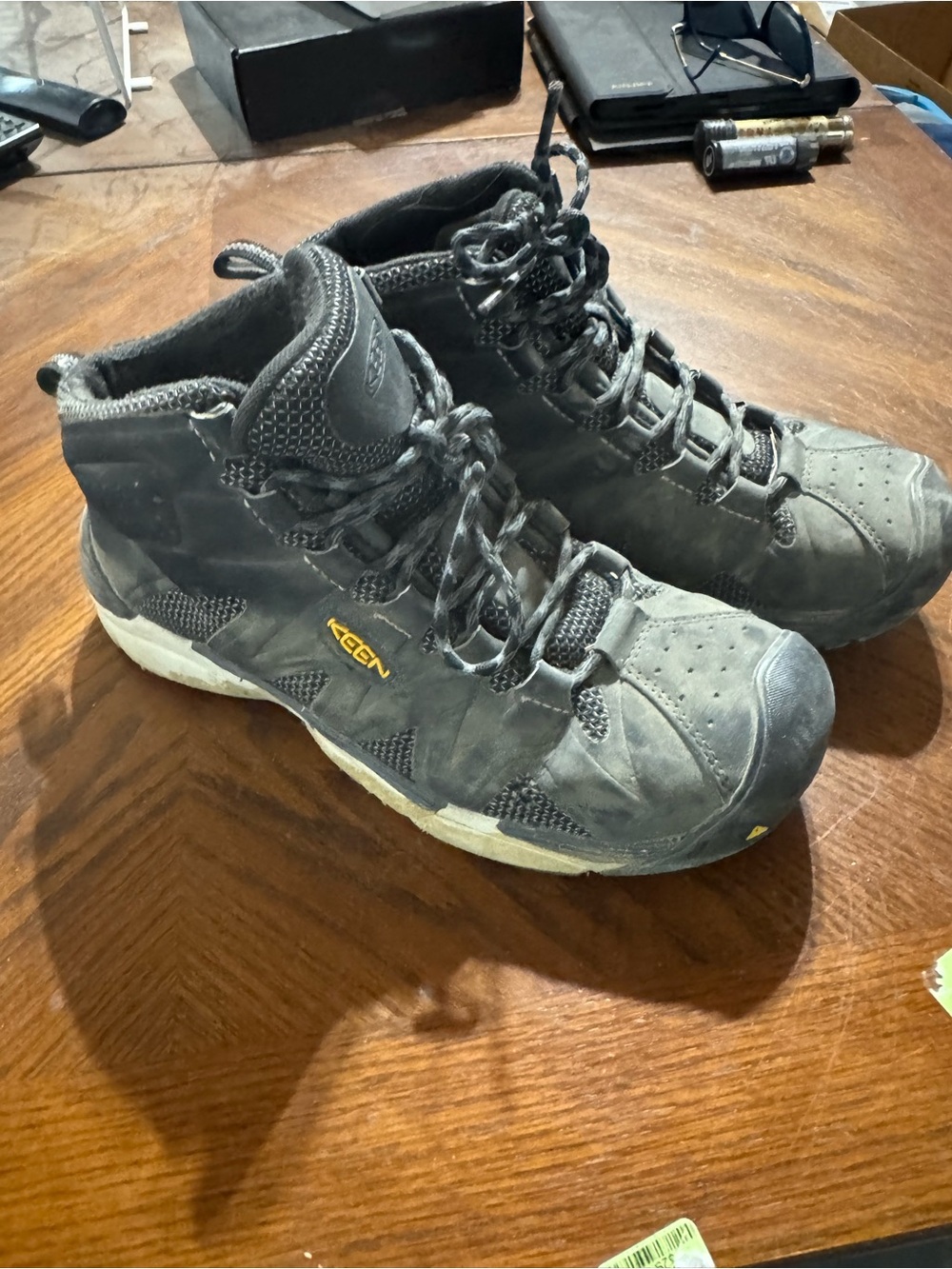 Keen Black Mid-Top Trail Boots with Yellow Logo work shoes